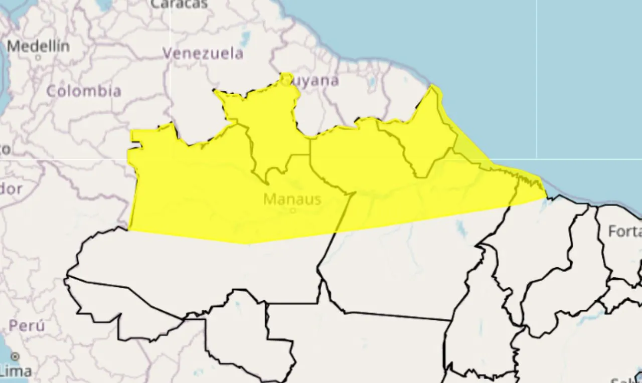 o mapa mostra as &aacute;reas em alerta para chuva intensa e temporais